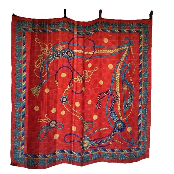 Elaine Gold 100% Silk Square Scarf 31”Red Gold Blue Ropes Medallions Tassels VTG - Picture 1 of 15